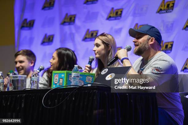 Cameron, Yoko, Hilary and Sully of Funko Funkast Podcast speak on stage during ACE Comic Con at WaMu Theatre on June 23, 2018 in Seattle, Washington.