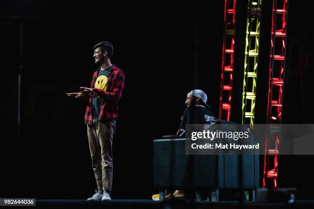 Actor Grant Gustin and Kevin Smith speak on stage during ACE Comic Con at WaMu Theatre on June 23, 2018 in Seattle, Washington.