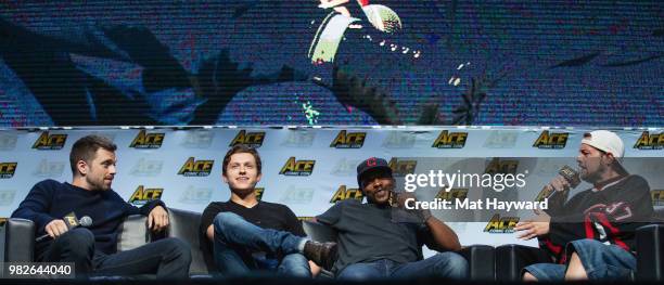 Sebastian Stan, Tom Holland, Anthony Mackie and Kevin Smith speak on stage during a Civil War Cast conversation at ACE Comic Con at WaMu Theatre on...