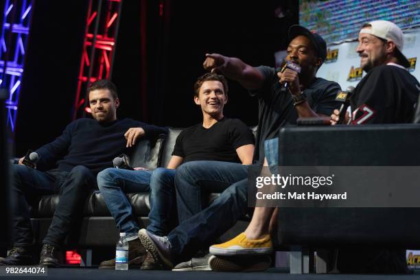 Sebastian Stan, Tom Holland, Anthony Mackie and Kevin Smith speak on stage during a Civil War Cast conversation at ACE Comic Con at WaMu Theatre on...