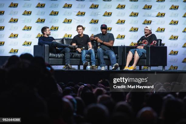 Sebastian Stan, Tom Holland, Anthony Mackie and Kevin Smith speak on stage during a Civil War Cast conversation at ACE Comic Con at WaMu Theatre on...