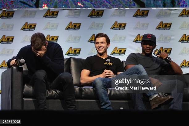 Sebastian Stan, Tom Holland and Anthony Mackie speak on stage during a Civil War Cast conversation at ACE Comic Con at WaMu Theatre on June 23, 2018...