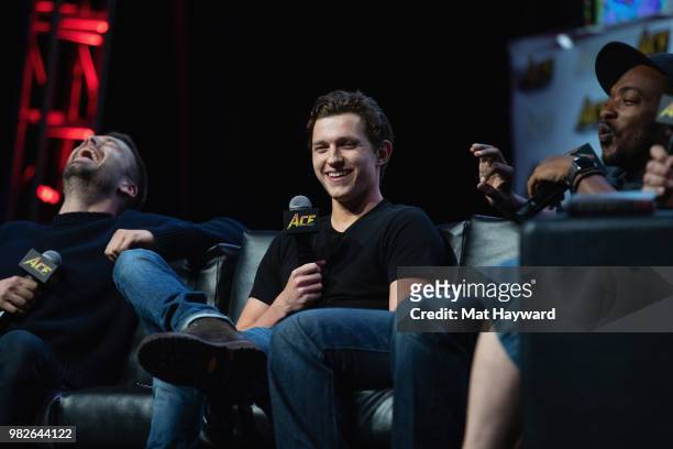 Sebastian Stan, Tom Holland and Anthony Mackie speak on stage during a Civil War Cast conversation at ACE Comic Con at WaMu Theatre on June 23, 2018...