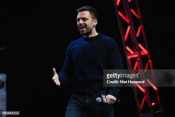 Actor Sebastian Stan speaks on stage during a Civil War Cast conversation at ACE Comic Con at WaMu Theatre on June 23, 2018 in Seattle, Washington.