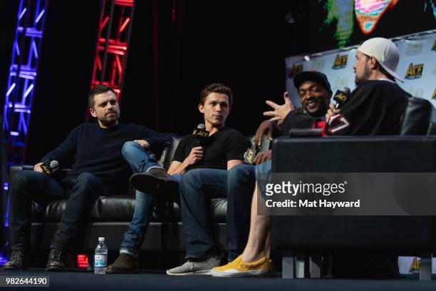 Sebastian Stan, Tom Holland, Anthony Mackie and Kevin Smith speak on stage during a Civil War Cast conversation at ACE Comic Con at WaMu Theatre on...