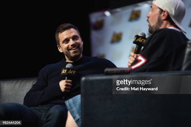 Sebastian Stan and Kevin Smith speak on stage during a Civil War Cast conversation at ACE Comic Con at WaMu Theatre on June 23, 2018 in Seattle,...