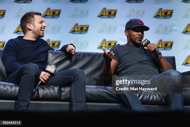 Sebastian Stan and Anthony Mackie speak on stage during a Civil War Cast conversation at ACE Comic Con at WaMu Theatre on June 23, 2018 in Seattle,...