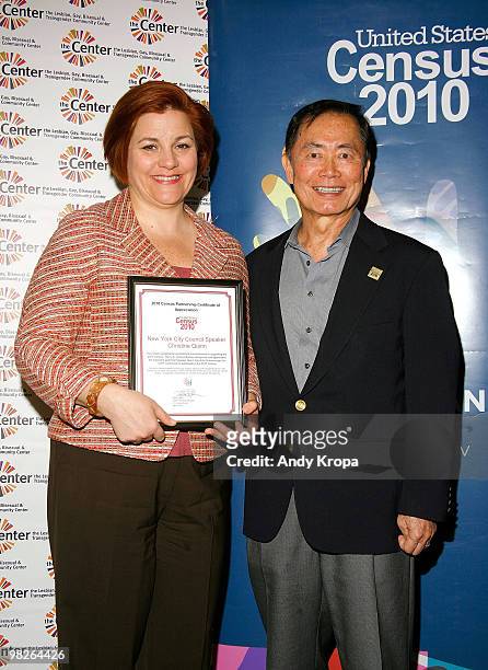 New York City Council Speaker Christine Quinn and actor George Takei attend the LGBT 2010 Census participation press conference at the LGBT Center on...