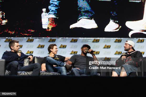 Sebastian Stan, Tom Holland, Anthony Mackie and Kevin Smith speak on stage during a Civil War Cast conversation at ACE Comic Con at WaMu Theatre on...