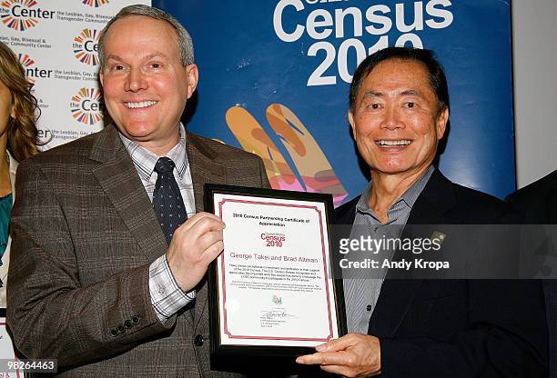 Brad Altman and husband, actor George Takei, attend the LGBT 2010 Census participation press conference at the LGBT Center on April 5, 2010 in New...