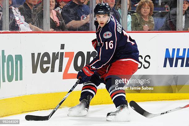 Forward Derick Brassard of the Columbus Blue Jackets skates against the Washington Capitals on April 3, 2010 at Nationwide Arena in Columbus, Ohio.