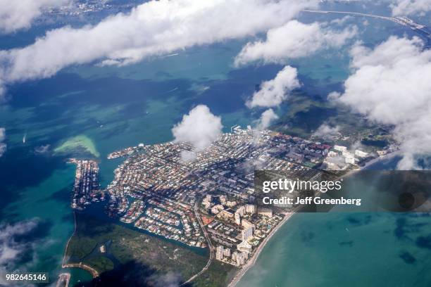 Florida, Miami, window seat aerial view, downtown .