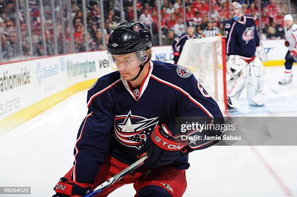 Defenseman Anton Stralman of the Columbus Blue Jackets skates with the puck against the Washington Capitals on April 3, 2010 at Nationwide Arena in...