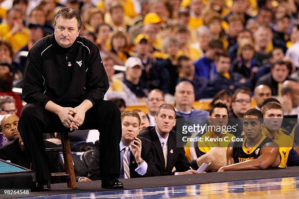 Head coach Bob Huggins of the West Virginia Mountaineers looks on while taking on the Duke Blue Devils during the National Semifinal game of the 2010...