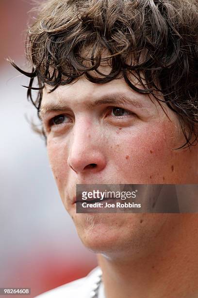Colby Rasmus of the St. Louis Cardinals looks on against the Cincinnati Reds at Great American Ballpark on March 5, 2010 in Cincinnati, Ohio.