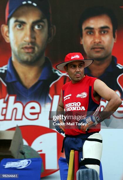 Delhi Daredevils' Virender Sehwag at a practice session for the next IPL match against Royal Challengers Bangalore in New Delhi on April 3, 2010.