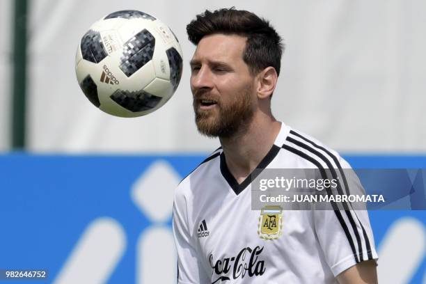 Argentina's forward Lionel Messi attends a training session at the team's base camp in Bronnitsy, near Moscow, Russia on June 24, 2018 ahead of the...