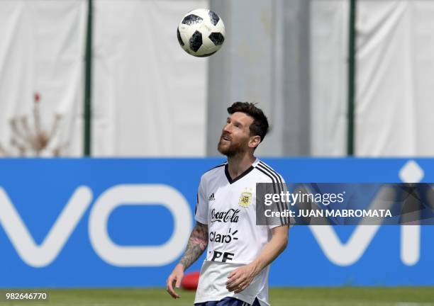 Argentina's forward Lionel Messi attends a training session at the team's base camp in Bronnitsy, near Moscow, Russia on June 24, 2018 ahead of the...