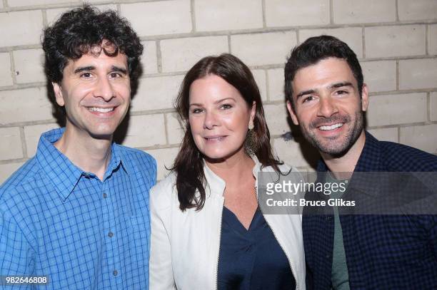John Cariani, Marcia Gay Harden and Adam Kantor pose backstage at the hit 2018 Tony Winning Best Musical "The Band's Visit" on Broadway at The...