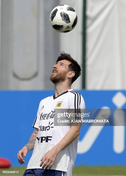 Argentina's forward Lionel Messi attends a training session at the team's base camp in Bronnitsy, near Moscow, Russia on June 24, 2018 ahead of the...