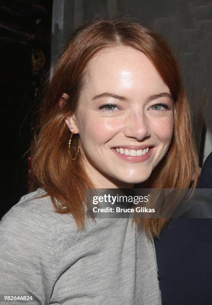 Emma Stone poses backstage at the hit 2018 Tony Winning Best Musical "The Band's Visit" on Broadway at The Barrymore Theatre on June 23, 2018 in New...