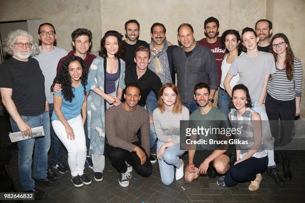 Emma Stone poses with the cast backstage at the hit 2018 Tony Winning Best Musical "The Band's Visit" on Broadway at The Barrymore Theatre on June...