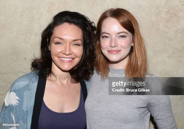 Tony Winner Katrina Lenk and Emma Stone pose backstage at the hit 2018 Tony Winning Best Musical "The Band's Visit" on Broadway at The Barrymore...