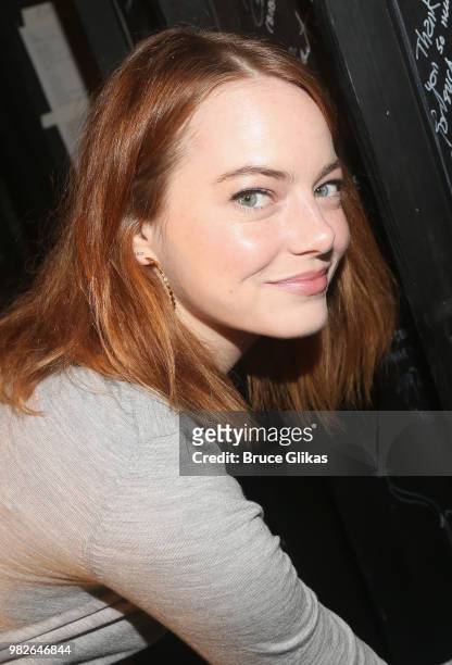 Emma Stone poses backstage at the hit 2018 Tony Winning Best Musical "The Band's Visit" on Broadway at The Barrymore Theatre on June 23, 2018 in New...