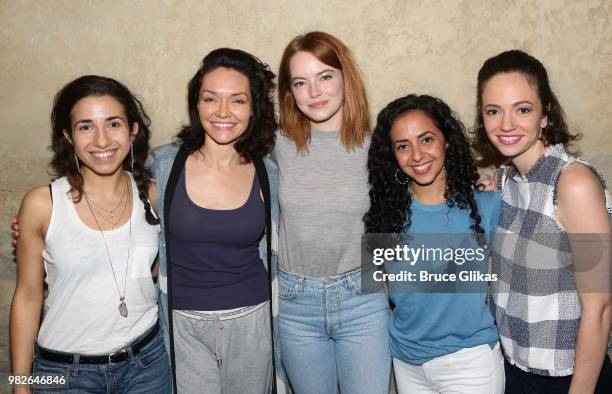 Tony Winner Katrina Lenk and Emma Stone and girls of the ensemble pose backstage at the hit 2018 Tony Winning Best Musical "The Band's Visit" on...