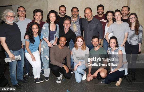 Emma Stone poses with the cast backstage at the hit 2018 Tony Winning Best Musical "The Band's Visit" on Broadway at The Barrymore Theatre on June...