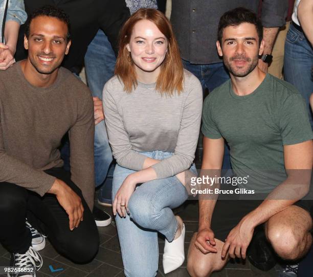 Ari'el Stachel, Emma Stone and Adam Kantor pose backstage at the hit 2018 Tony Winning Best Musical "The Band's Visit" on Broadway at The Barrymore...