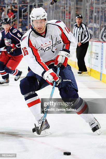 Forward Eric Fehr of the Washington Capitals skates with the puck against the Columbus Blue Jackets on April 3, 2010 at Nationwide Arena in Columbus,...