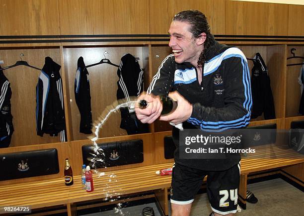 Andy Carroll celebrates after the Coca Cola Championship match between Newcastle United and Sheffield United at St.James' Park on April 05, 2010 in...