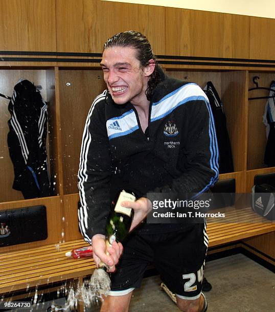 Andy Carroll celebrates after the Coca Cola Championship match between Newcastle United and Sheffield United at St.James' Park on April 05, 2010 in...