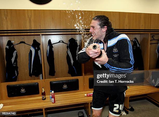 Andy Carroll celebrates after the Coca Cola Championship match between Newcastle United and Sheffield United at St.James' Park on April 05, 2010 in...