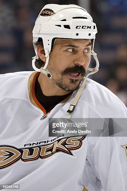 George Parros of the Anaheim Ducks warms up before a game against the Edmonton Oilers at Rexall Place on March 26, 2010 in Edmonton, Alberta, Canada.