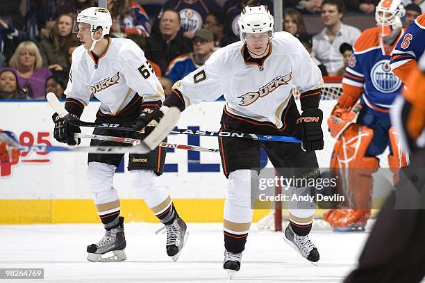 Corey Perry of the Anaheim Ducks follows the play back into his own end against the Edmonton Oilers at Rexall Place on March 26, 2010 in Edmonton,...