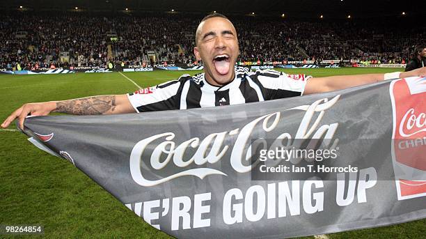Danny Simpson celebrates after the Coca Cola Championship match between Newcastle United and Sheffield United at St.James' Park on April 05, 2010 in...