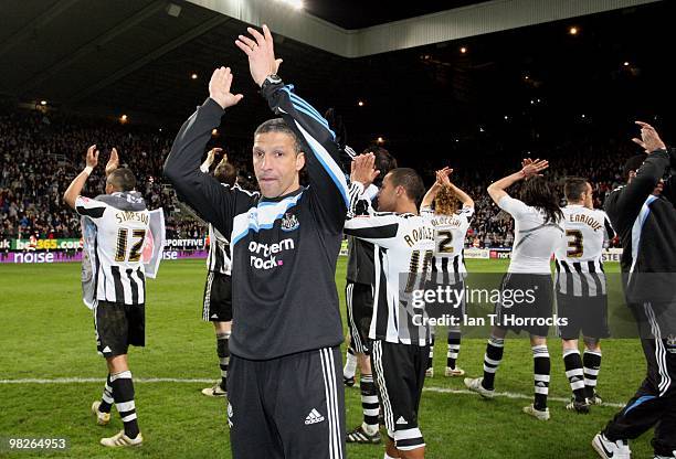 Newcastle manager, Chris Hughton celebrates after the Coca Cola Championship match between Newcastle United and Sheffield United at St.James' Park on...