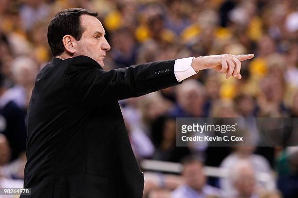 Head coach Mike Krzyzewski of the Duke Blue Devils reacts while taking on the West Virginia Mountaineers during the National Semifinal game of the...
