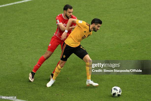 Yannick Ferreira Carrasco of Belgium battles with Hamdi Nagguez of Tunisia during the 2018 FIFA World Cup Russia Group G match between Belgium and...