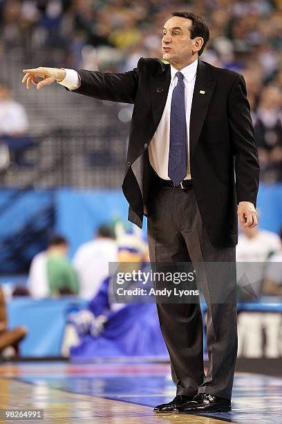 Head coach Mike Krzyzewski of the Duke Blue Devils reacts while taking on the West Virginia Mountaineers during the National Semifinal game of the...