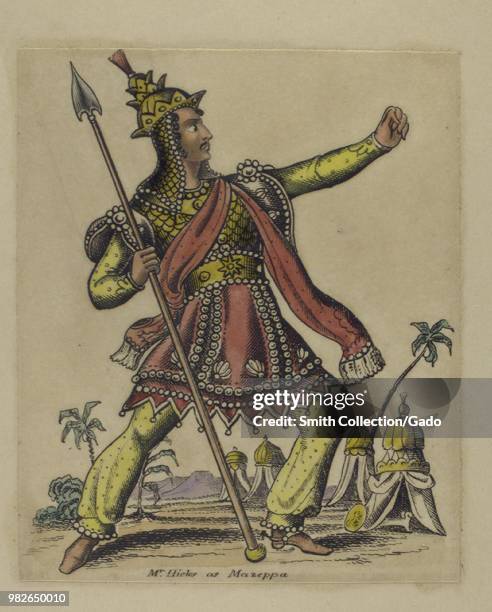 Color print, likely a hand-colored etching, depicting a full-length, three-quarter profile view of British actor Mr Hicks, with an angry expression...