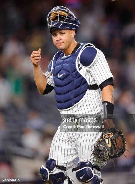 Catcher Gary Sanchez of the New York Yankees looks over in an MLB baseball game against the Tampa Bay Rays on June 15, 2018 at Yankee Stadium in the...