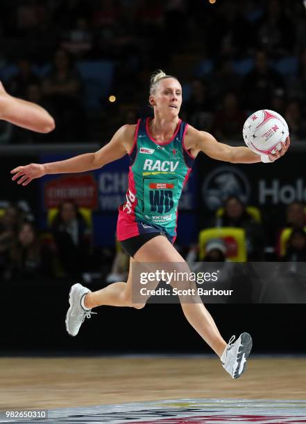 Renae Ingles of the Vixens competes for the ball during the round eight Super Netball match between Magpies and the Vixens at Margaret Court Arena on...