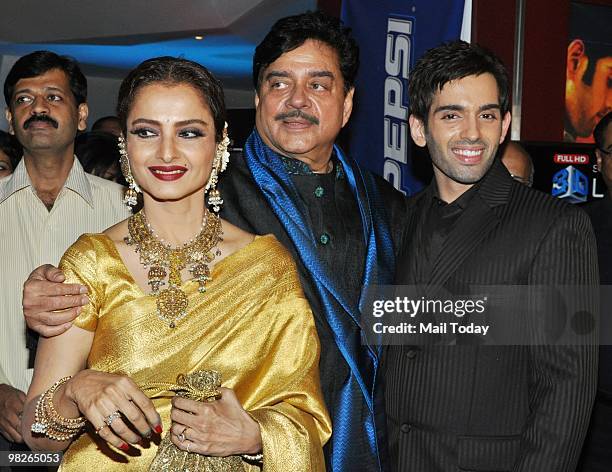 Rekha with Shatrughan and Luv Sinha at the premiere of the film Sadiyaan in Mumbai on April 1, 2010.