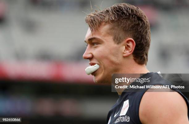Patrick Cripps of the Blues looks on during the 2018 AFL round 14 match between the Collingwood Magpies and the Carlton Blues at the Melbourne...