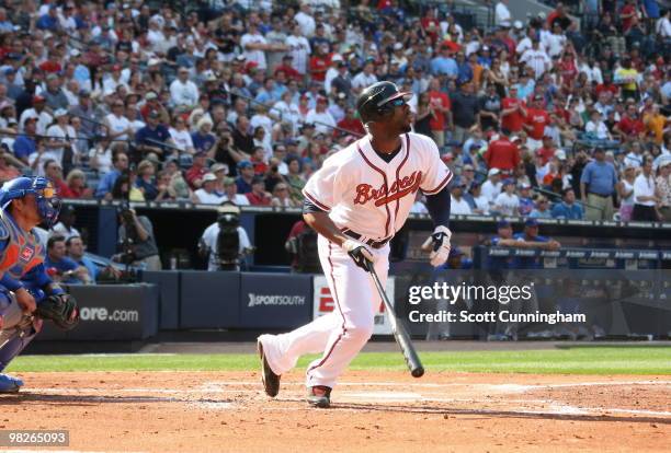 Jason Heyward of the Atlanta Braves hits a 3 run home run against the Chicago Cubs during Opening Day at Turner Field on April 5, 2010 in Atlanta,...