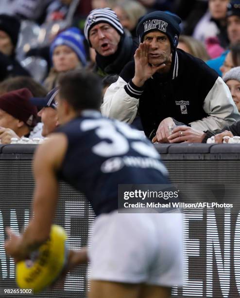 Ed Curnow of the Blues receives some advice from the crowd during the 2018 AFL round 14 match between the Collingwood Magpies and the Carlton Blues...