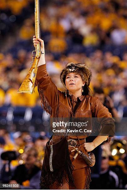 Rebecca Durst, mascot for of the West Virginia Mountaineers performs during a break in the game while taking on the Duke Blue Devils during the...